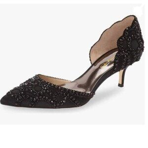 XYD Black Elegant Pointed Toe D'Orsay Kitten Heel Rhinestone Studs Satin Pump